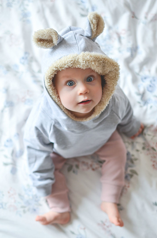 bluzy dla niemowlaka Bluza hoodie MIŚ szara z beżem