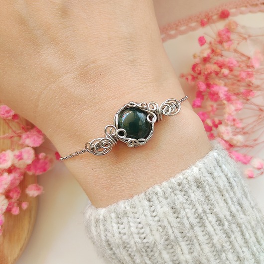 bransoletki z kamieni naturalnych Bransoletka Agat Zielony stal chirurgiczna handmade wirewrapping