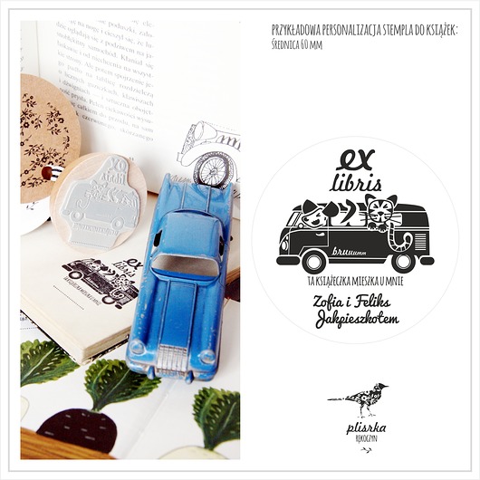 Ex libris do książek retro busik i pies z kotem Pliszka Rekoczyn