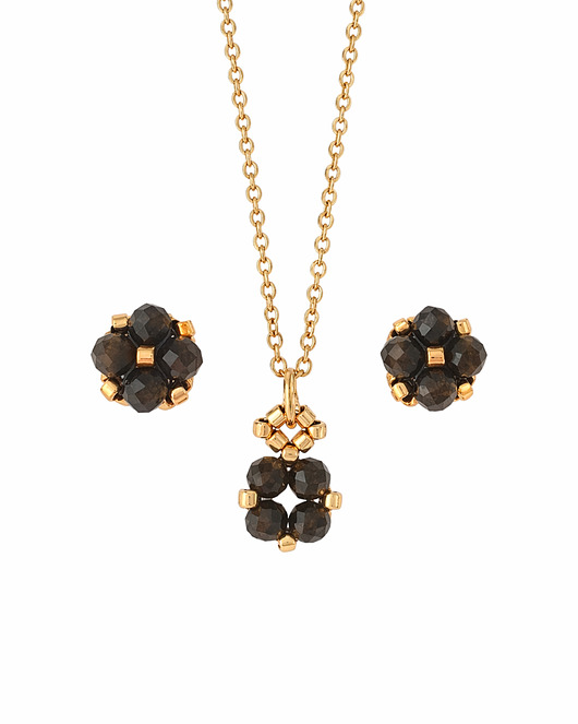 komplet biżuterii Komplet Biżuterii Obsydian Złocisty - Kolczyki Sztyfty i Naszyjnik