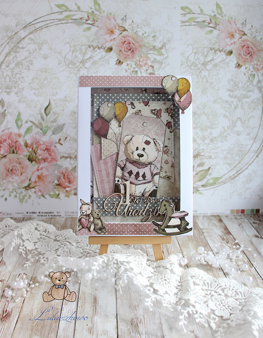 kartki scrapbooking Kartka na roczek Vintage Baby Girl Miś