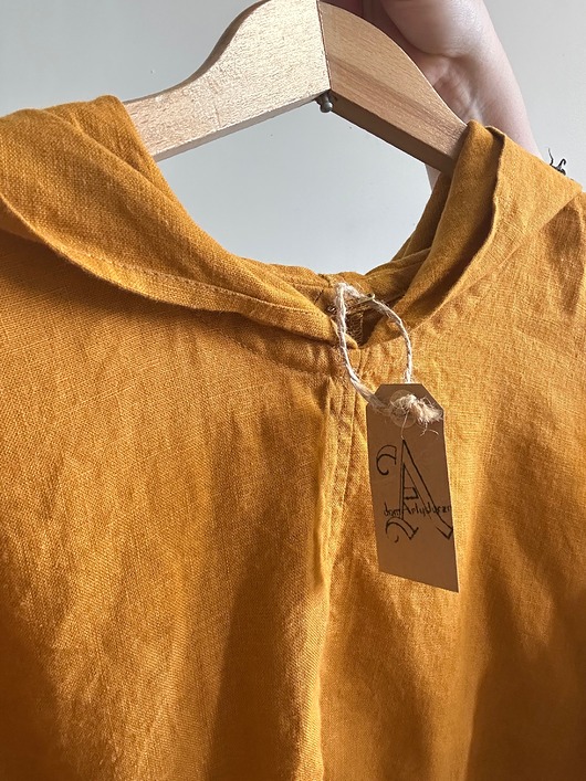sukienki mini damskie Tunika lniana żółta musztardowa  z kapturem