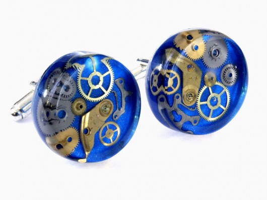 spinki do mankietów SPINKI z żywicy i trybików  MECHANICAL (blue) - unikat
