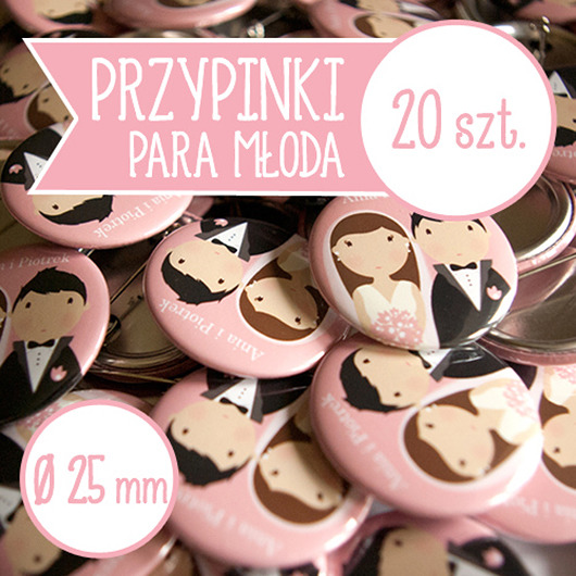 20 szt. przypinki ślubne Młoda Para 25 mm inkipinki