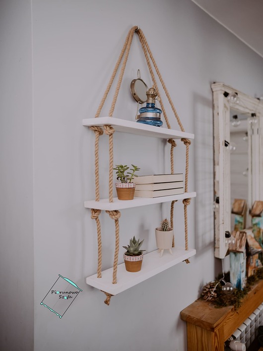 półki Połka wisząca na linach jutowych biała