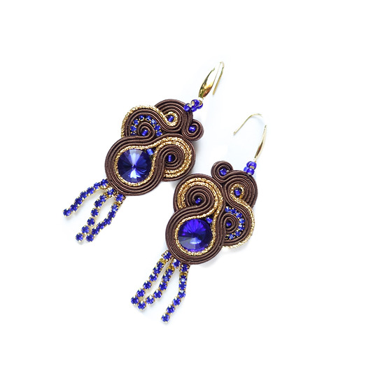 Brązowo- kobaltowe eleganckie kolczyki sutasz Mró Soutache