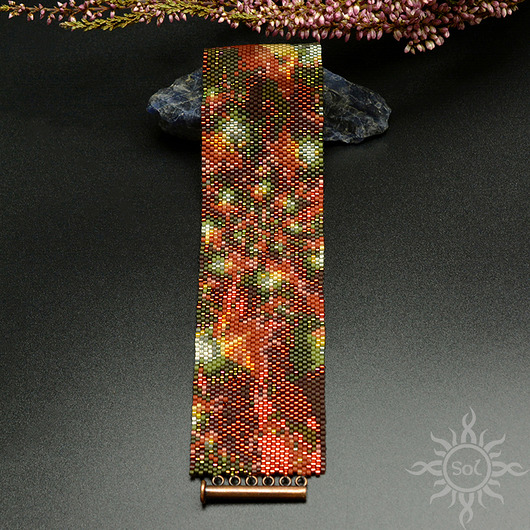 bransoletki ze szkła Jesienny Ornament IIIb, szeroka wyplatana bransoleta, beading