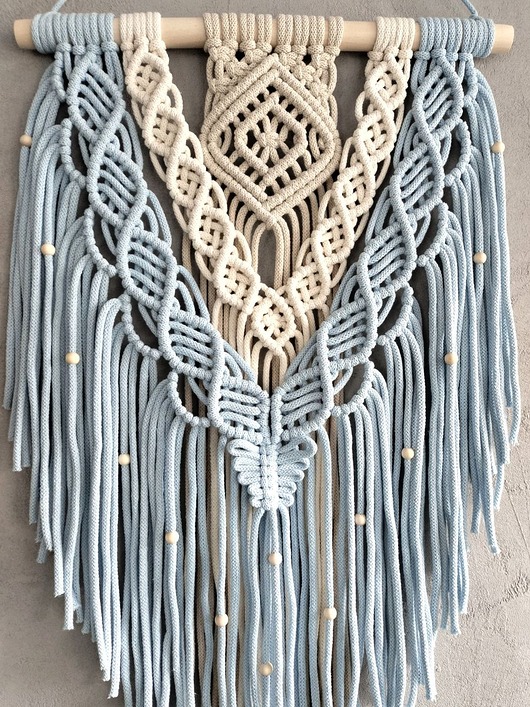 makramy Błękitna Makrama Ścienna LAZURIA z Koralikami Boho 40x60 cm