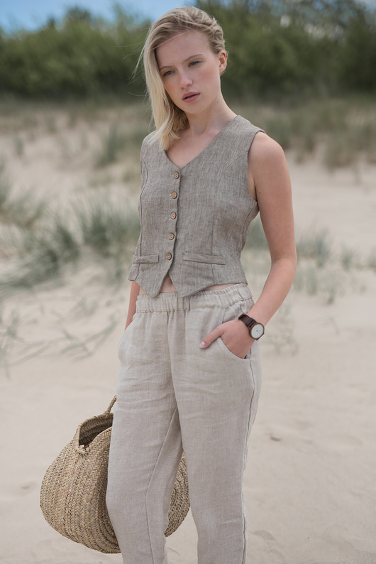 spodnie materiałowe damskie Lniane spodnie sól pieprz