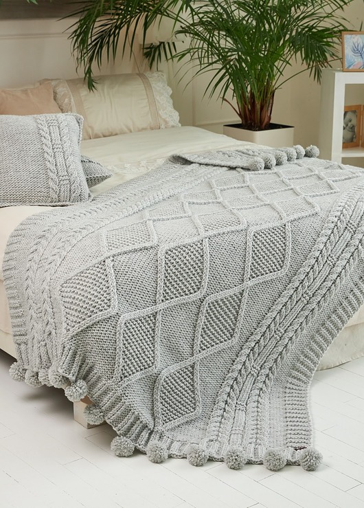 koce i narzuty Dzianinowy pled z pomponami 130x195cm. Wykonany ręcznie