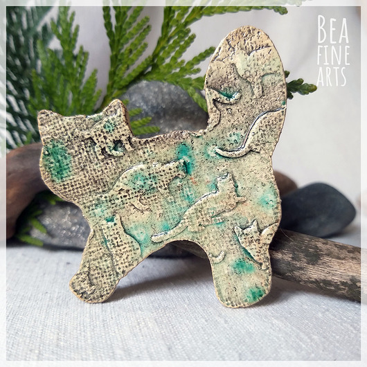 magnesy Zielony kot w kotki - ceramiczny rustykalny magnes
