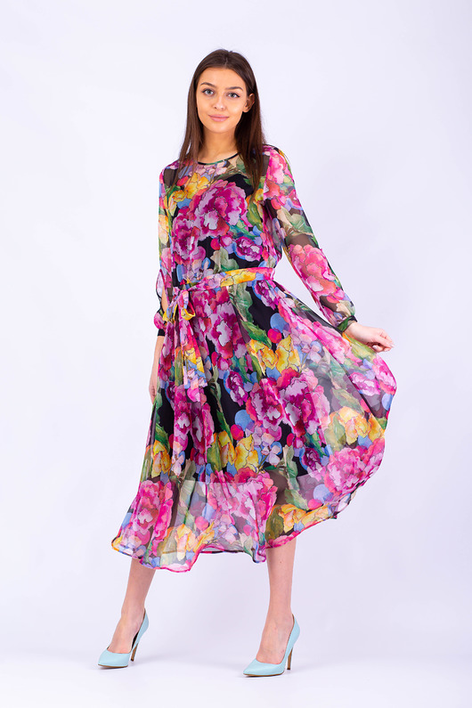 sukienki midi damskie Rozkloszowana sukienka w peonie