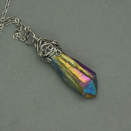 wisiory Wisiorek talizman surowy kwarc tytanowy kolorowy wire wrapping