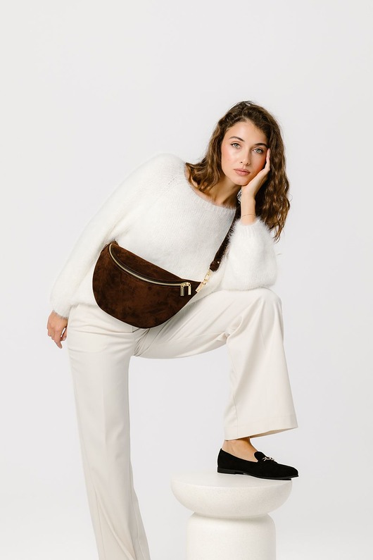 saszetka nerka Beani bag maxi - skórzana nerka - zamszowa - brąz