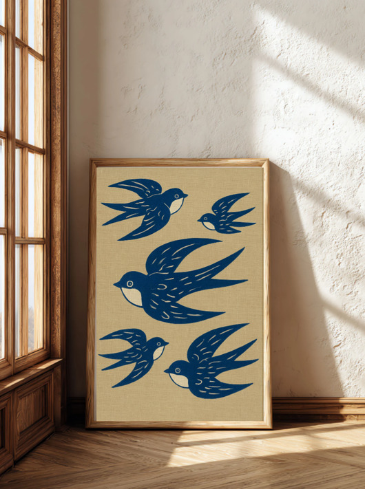plakaty PLAKAT ptaki , jaskółki grafika,  niebieska dekoracja ścienna