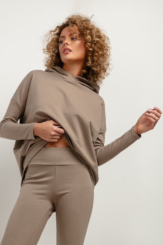 bluza z kapturem damska Szeroka bluza z kapturem T379, cappuccino
