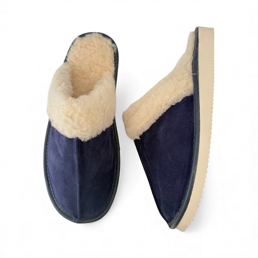 kapcie damskie Pantofle damskie z wełną i z naturalnego zamszu granatowe