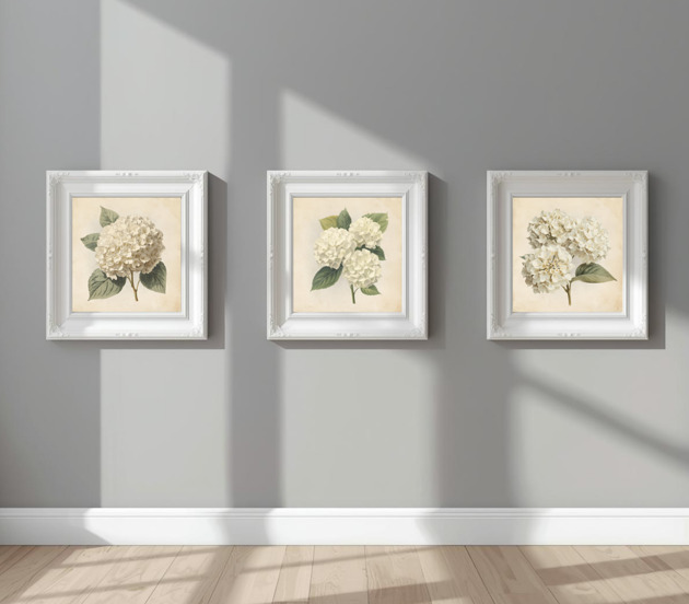 grafiki i ilustracje 3 PLAKATY vintage białe hortensje botaniczne kwiaty grafiki