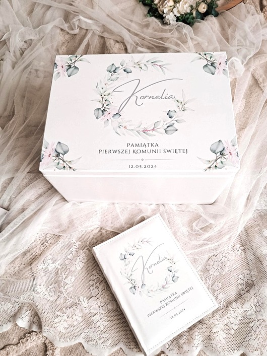 komunia - pozostałe Zestaw komunijny OBRĘCZ personalizowany, kuferek i album, prezent na Komunie