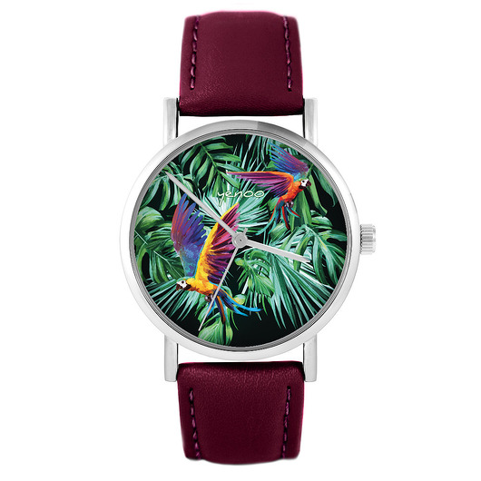 zegarki damskie Zegarek - Papugi, tropikalny - skórzany, burgund