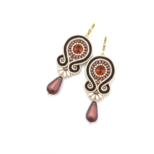 kolczyki soutache Kolczyki sutasz beżowo złoto brązowe kolorowe Cleo z dużą łezką