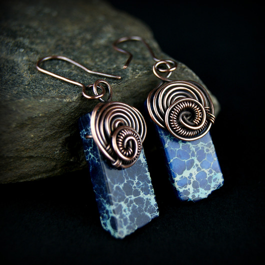 kolczyki wire wrapping Jaspis lazurowe wybrzeże kolczyki wire wrapping