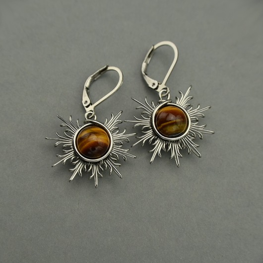 kolczyki wire wrapping Kolczyki słońce tygrysie oko wire wrapping słoneczka