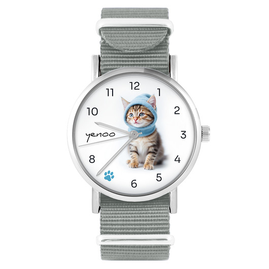 zegarki damskie Zegarek - Kotek - szary, nylonowy