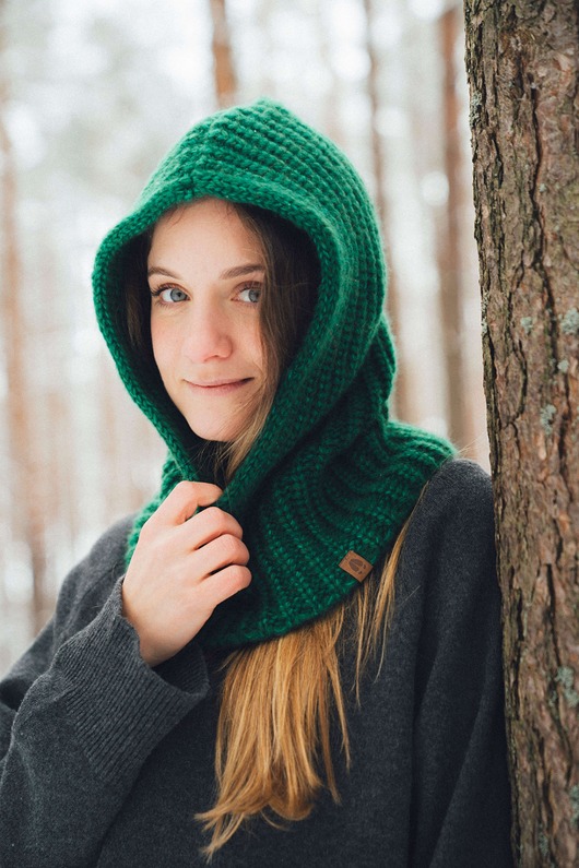 czapki damskie PUSZCZYK - Puchaty Kaptur Balaklava  Wełna Merino z Bawełna