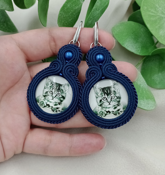 kolczyki soutache Kolczyki koty kotki z kotem, prezent dla kociary, kot