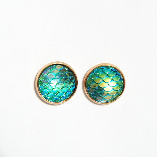 kolczyki z żywicy Kolczyki sztyfty - Łuski turkusowe - różowe złoto