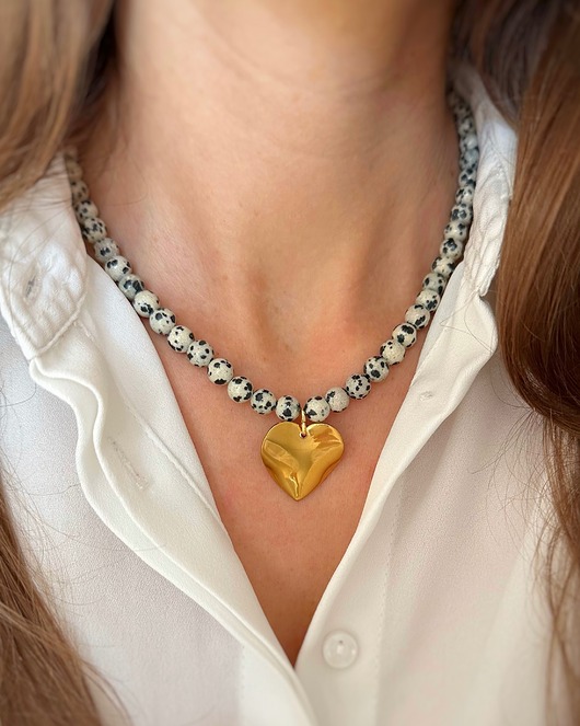 korale Naszyjnik Jaspis Beż ze złotym sercem