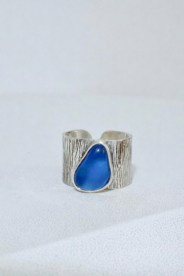 obrączki 1,1cm Obrączka młotkowana ręcznie robiona ze szkłem morskim