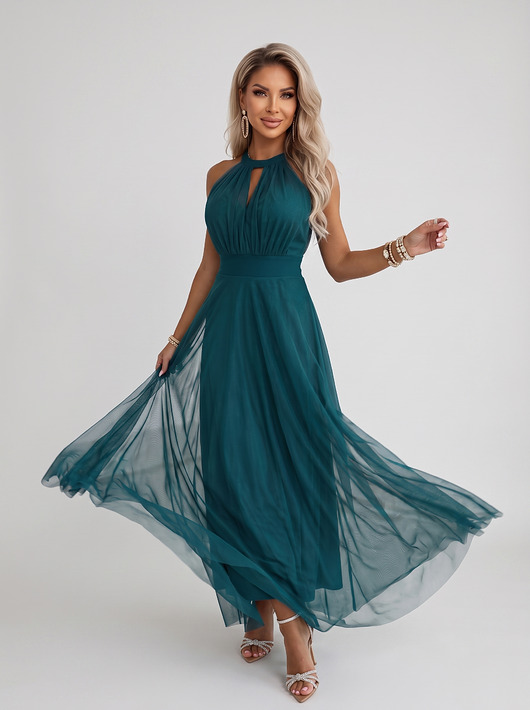 sukienki maxi damskie 662-4 Elegancka sukienka wieczorowa maxi halter z tiulem i wiązaniem w talii