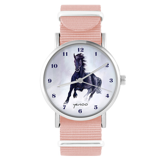 zegarki damskie Zegarek - Czarny koń, cyfry - brzoskwiniowy róż