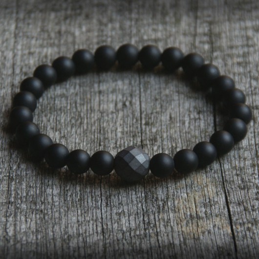 męska bransoletka - black stone & hematyt kaktusia