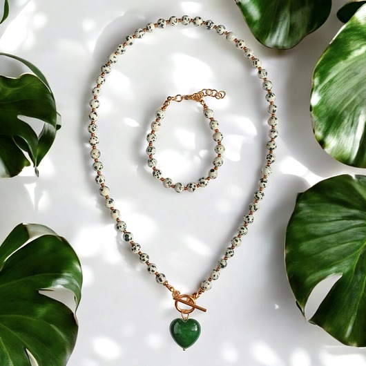 komplet biżuterii RAZEM TANIEJ : jaspis dalmatyński i serce : ZIELEŃ : komplet