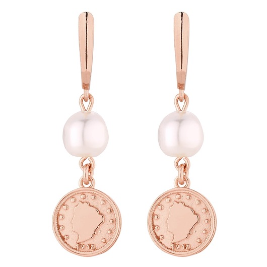 kolczyki pozłacane Długie kolczyki z różowego złota z monetami i perłami SWAROVSKI CRYSTAL