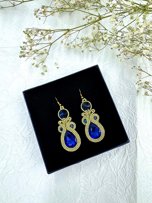 kolczyki soutache Kolczyki sutasz w kolorze złoto-granatowym z kryształkami