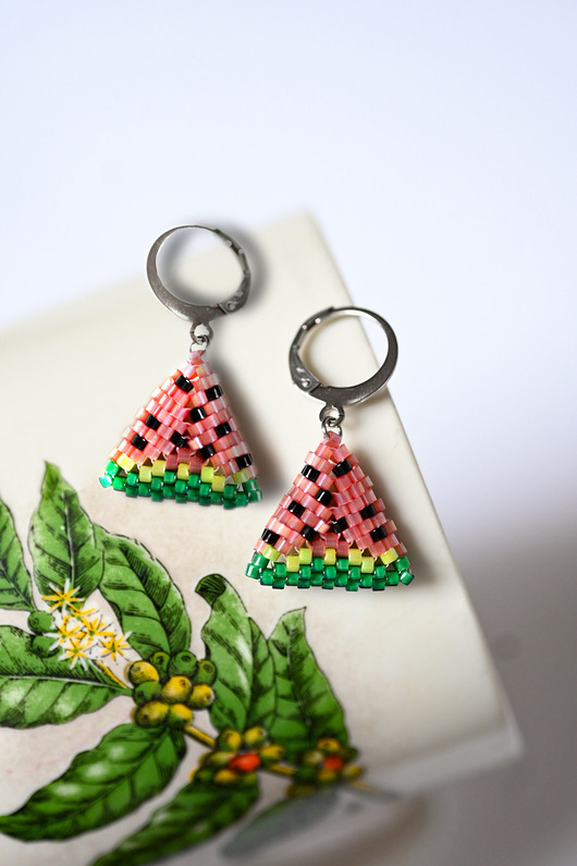 kolczyki szklane Kolczyki arbuz z koralików handmade