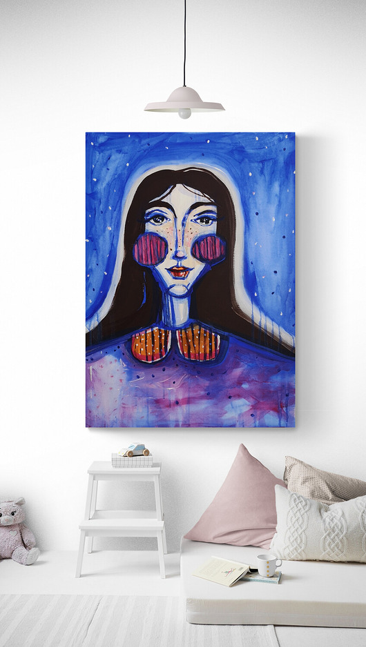 obrazy Obraz ręcznie malowany na płótnie 50x70 cm - Pani zagubiona w kosmosie
