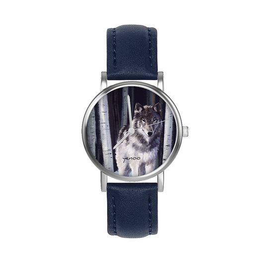 zegarki unisex Zegarek  mały - Szary wilk - skórzany, granatowy