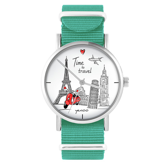 zegarki unisex Zegarek -  Time to travel  - turkusowy, nylonowy