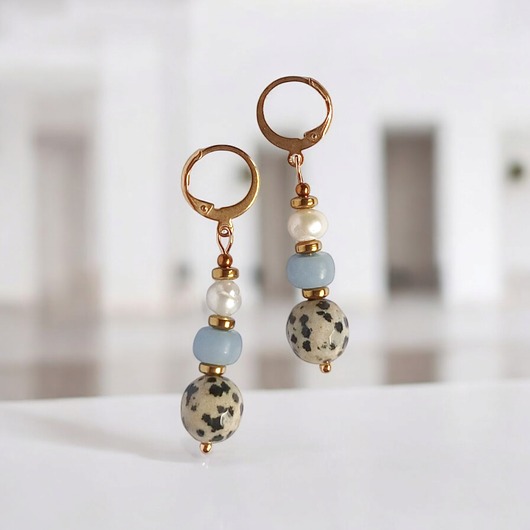 kolczyki z kamieniami Anielskie kolczyki : angelit, perły, jaspis : zamknięte bigle