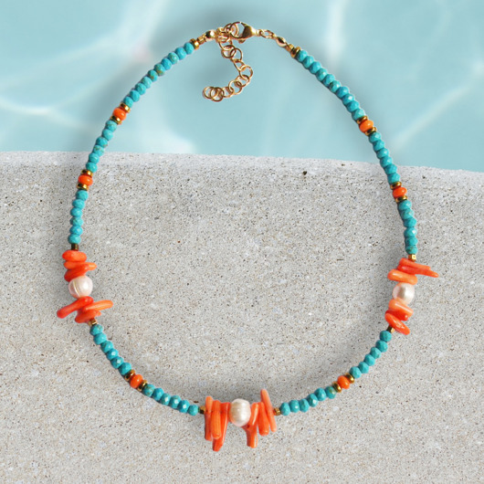 chokery Koral, perła, magnezyt - naszyjnik - choker - turkusowo-pomarańczowy