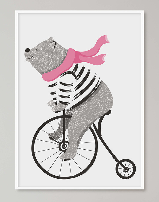 obrazy i plakaty do pokoju dziecięcego Plakat dla dziecka "Miś na rowerze"