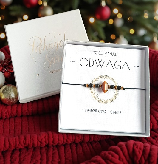 bransoletki z kamieni naturalnych Amulet - ODWAGA - świąteczne pudełko - TYGRYSIE OKO, ONYKS