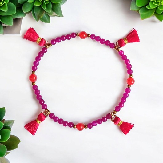 bransoletki z kamieni naturalnych NA NOGĘ : summer energy : jadeit i chwosty : fuksja-pomarańcz-czerwień