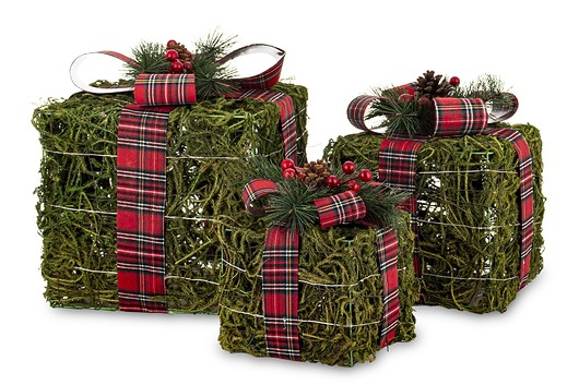 dekoracje świąteczne Dekoracja LED - 3 szt. 30x27, 25x22, 12x16 cm pudełek z czerwoną kraciastą ws