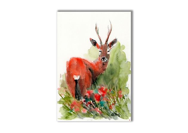 grafiki i ilustracje Akwarela ręcznie malowana jeleń sarna maki